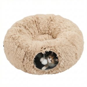 CUCHA TUNEL TERCIOPELO CON PELOTA 85X85X26 CM BEIGE